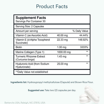 Bettervits Collagen Peptides Complex with Hyaluronic Acid & Turmeric | Hydrolyzed Marine Collagen Supplements for Women & Men | Collagen with Vitamin C for Skin, Hair, Nails & Joints – 60 Capsules