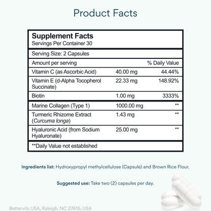 Bettervits Collagen Peptides Complex with Hyaluronic Acid & Turmeric | Hydrolyzed Marine Collagen Supplements for Women & Men | Collagen with Vitamin C for Skin, Hair, Nails & Joints – 60 Capsules Bettervits buy supplements Au