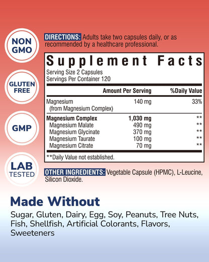 Vitalibre Magnesium Complex Supplement, 4 in 1 Maximized Absorption Chelated Magnesium Glycinate Malate, Taurate & Citrate, Non-Buffered, Bone, Heart, Nerve & Immune Support, 120 Vegan Capsules