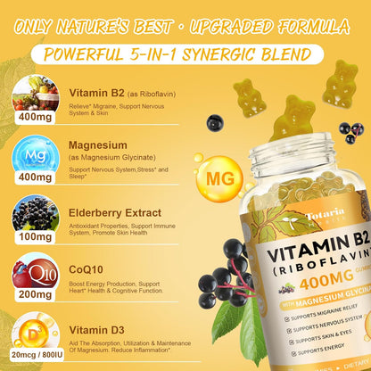 Totaria Vitamin B2 Gummies, Sugar Free Riboflavin 400mg Supplement for Adults & Kids with Magnesium Glycinate 400mg, COQ10 & Elderberry, Skin & Nervous System Support, Non-GMO, 60 Gummies