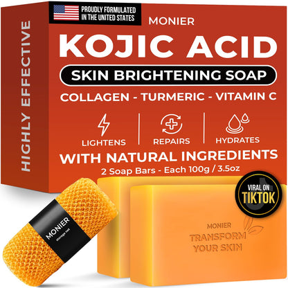 MONIER Kojic Acid Soap - Dark Spot Remover Soap Bars - with Collagen | with Collagen, Turmeric, Coconut Oil, Vitamin C, Vitamin E, Moisturizing & Nourishing, Original Japanese Complex