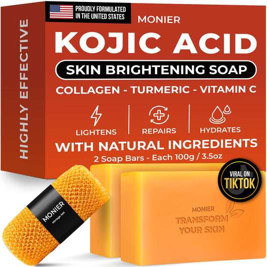 MONIER Kojic Acid Soap - Dark Spot Remover Soap Bars - with Collagen | with Collagen, Turmeric, Coconut Oil, Vitamin C, Vitamin E, Moisturizing & Nourishing, Original Japanese Complex