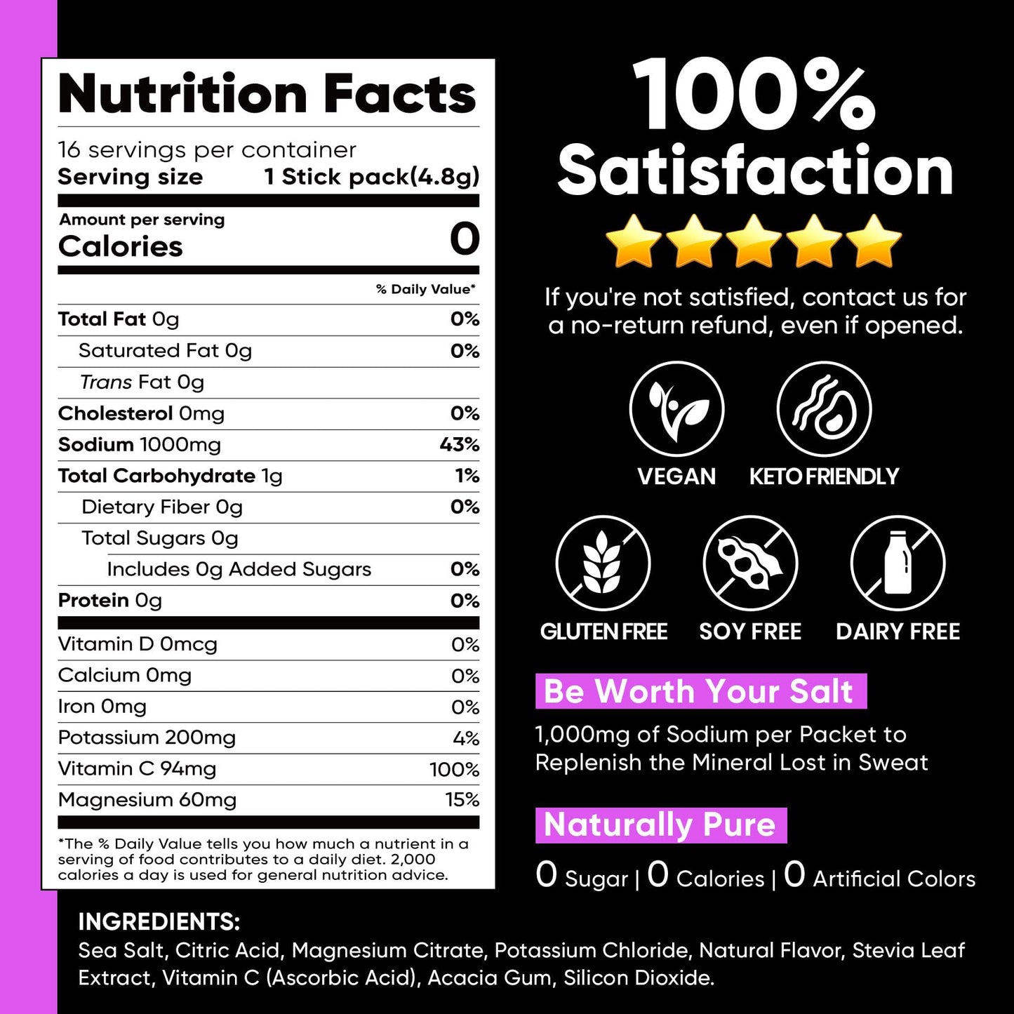 Venture Pal High Sodium Sugar-Free Electrolytes Powder Packets, 16 Sticks | Hydration Packets with Sodium, Potassium & Magnesium, Zero Calories, Keto, Vegan, and Paleo Friendly