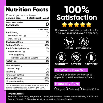 Venture Pal High Sodium Sugar-Free Electrolytes Powder Packets, 16 Sticks | Hydration Packets with Sodium, Potassium & Magnesium, Zero Calories, Keto, Vegan, and Paleo Friendly