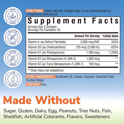 Vitalibre Vitamin K Complex 2600 mcg with Vitamin A & D3 5000 IU | Bioavailable K2 D3 Vitamin Supplement, Full Spectrum, for Bone Strength and Heart Health, 90 Softgels