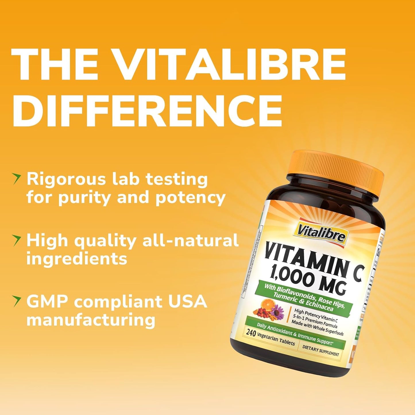 Vitalibre Vitamin C 1000mg, with Citrus Bioflavonoids, Rose Hips, Echinacea & Turmeric, Immune Support, Antioxidant Protection, Collagen Production, 240 Vegan Tabs