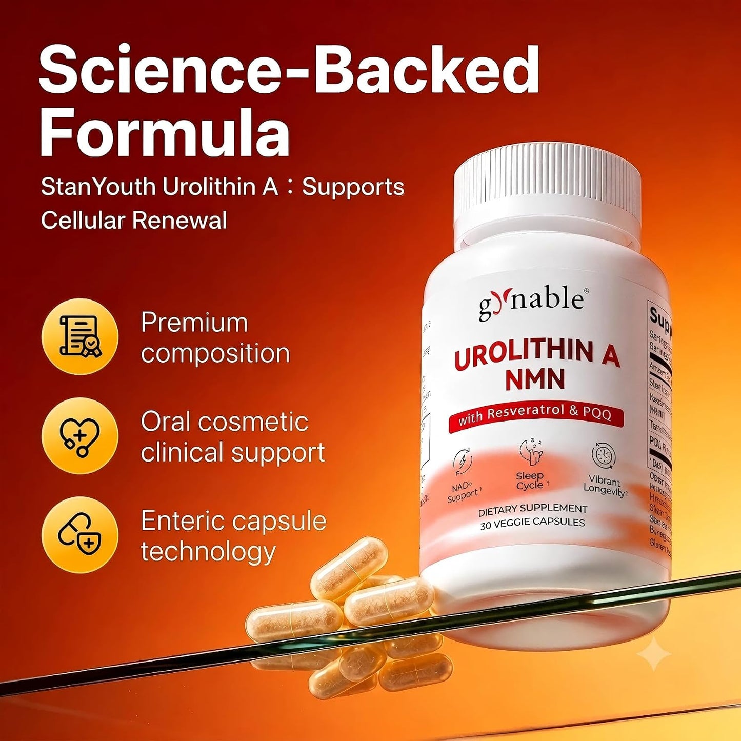 Gynable 4-in-1 Urolithin A Supplement with NMN, Trans-Resveratrol & PQQ-Advanced Cellular Energy & Muscle Strength Complex - Supports Longevity, Deep Sleep & Healthy Aging (30Count(Pack of 1))