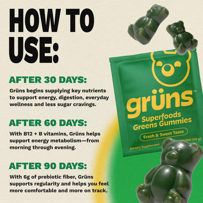 Gruns Adult Super Greens Multivitamin Gummies, Superfood Gummy Vitamins for Women and Men with Spirulina, Chlorella, Adaptogens & Prebiotic Fiber for Digestive Health (28 Count) Grüns buy supplements Au