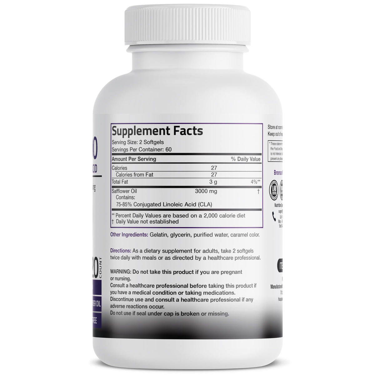 Bronson CLA 3000 Extra High Potency Supports Healthy Weight Management Lean Muscle Mass Non-Stimulating Conjugated Linoleic Acid 120 Softgels