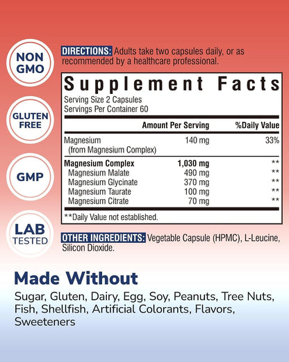 Vitalibre Magnesium Complex Supplement, 4 in 1 Maximized Absorption Chelated Magnesium Glycinate Malate, Taurate & Citrate, Non-Buffered, Bone, Heart, Nerve & Immune Support, 120 Vegan Capsules