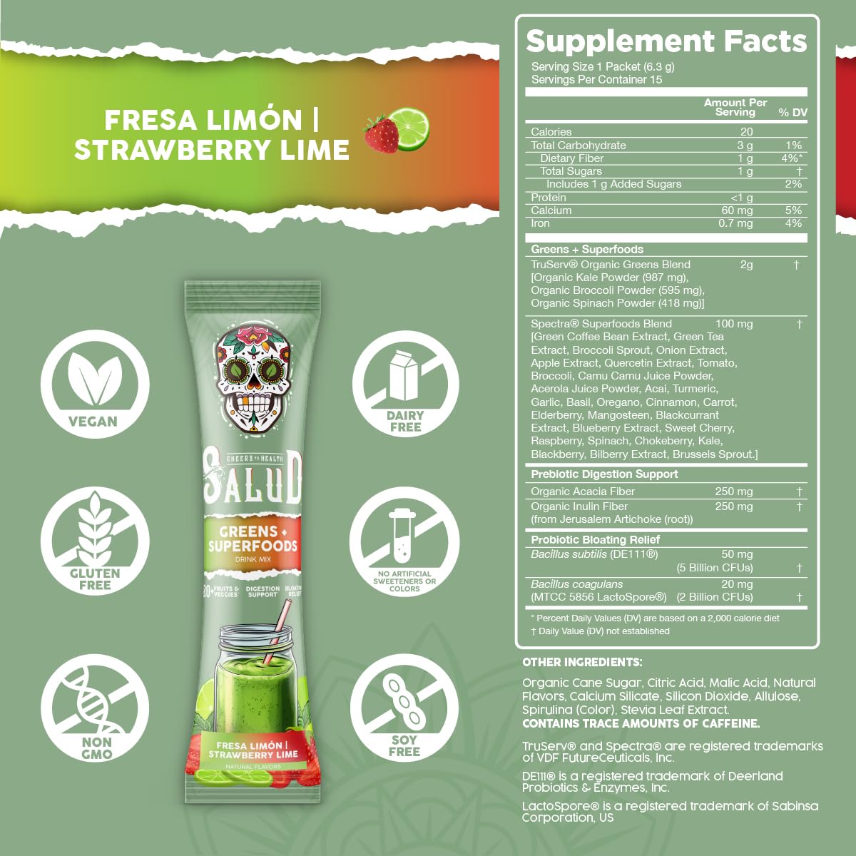 Salud 2-Pack | 2-in-1 Greens Powder + Superfood Drink Mix Packets, Peach Mango & Strawberry Lime, 15 Servings Each, 20+ Fruits and Veggies, Supports Digestive Health, Bloating Relief