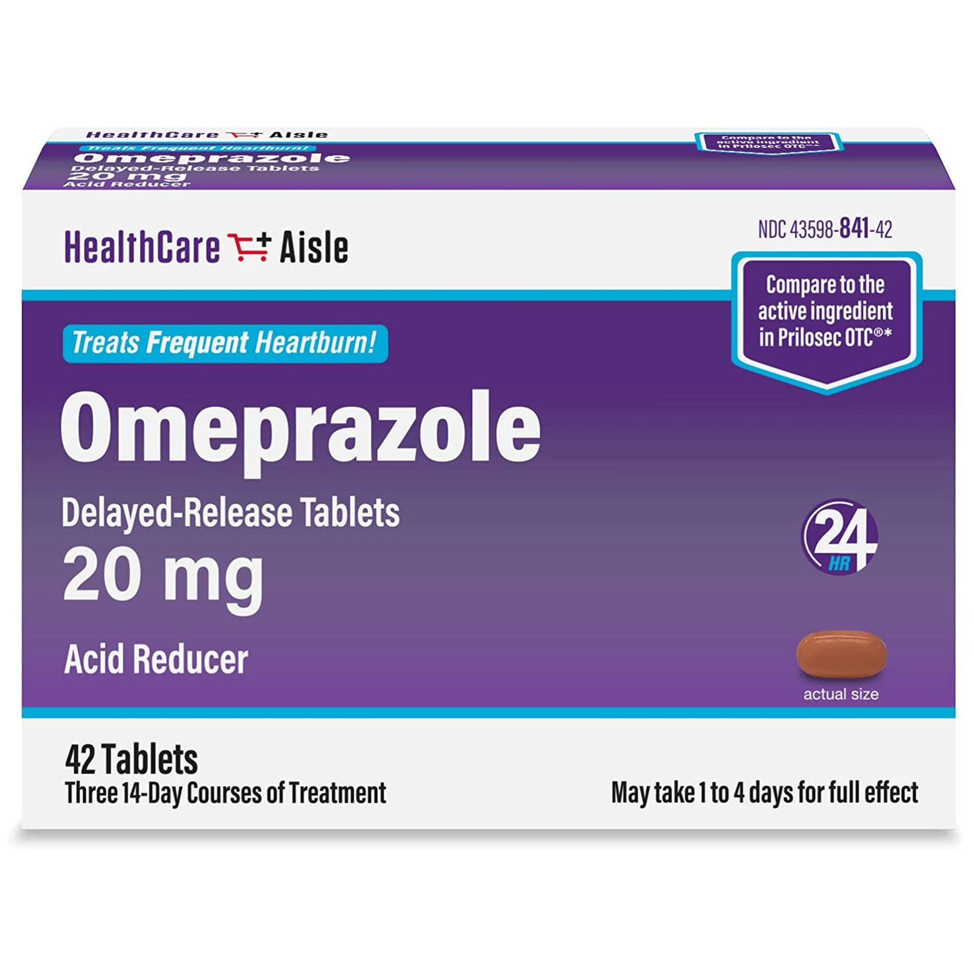 Box of Omeprazole delayed-release tablets 20 mg by HealthCare Aisle on a white background