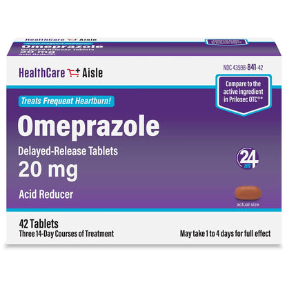 Box of Omeprazole delayed-release tablets 20 mg by HealthCare Aisle on a white background