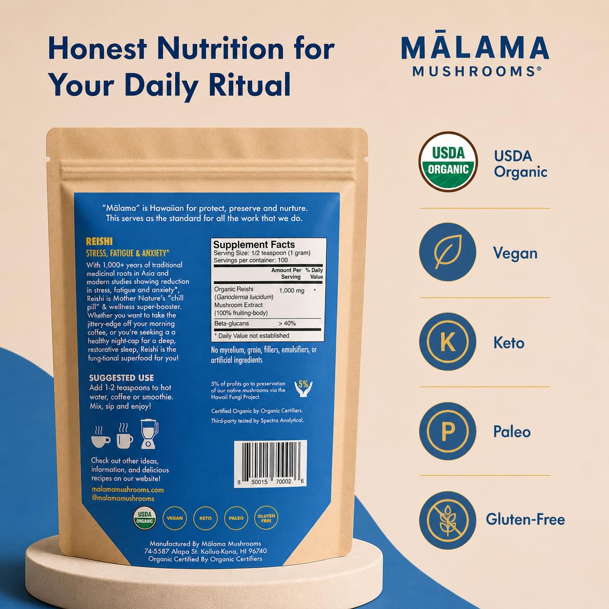8-Mushroom Extract Powder by Malama, Organic Body Mushroom Blend Featuring Lion's Mane, Reishi, Cordyceps, Chaga, Turkey Tail, Superfood Adaptogenic - PrimeBioHealth - canada supplements