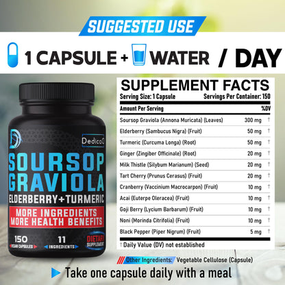 DEDICAD 11in1 Graviola Soursop Capsules for 5 Months Supply with Soursop Fruit, Elderberry, Turmeric, Ginger, Milk Thistle, Cranberry & More - Mood - 150 Vegan Capsules DEDICAD buy supplements Au