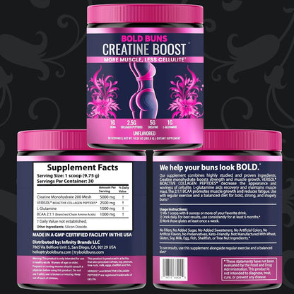 Bold Buns Creatine for Women – Supplement with Collagen & BCAA – Supports Muscle Development, Post-Workout Recovery, Skin Elasticity, Healthy Hair & Nail (2 Pack x 30 Servings, Unflavored)