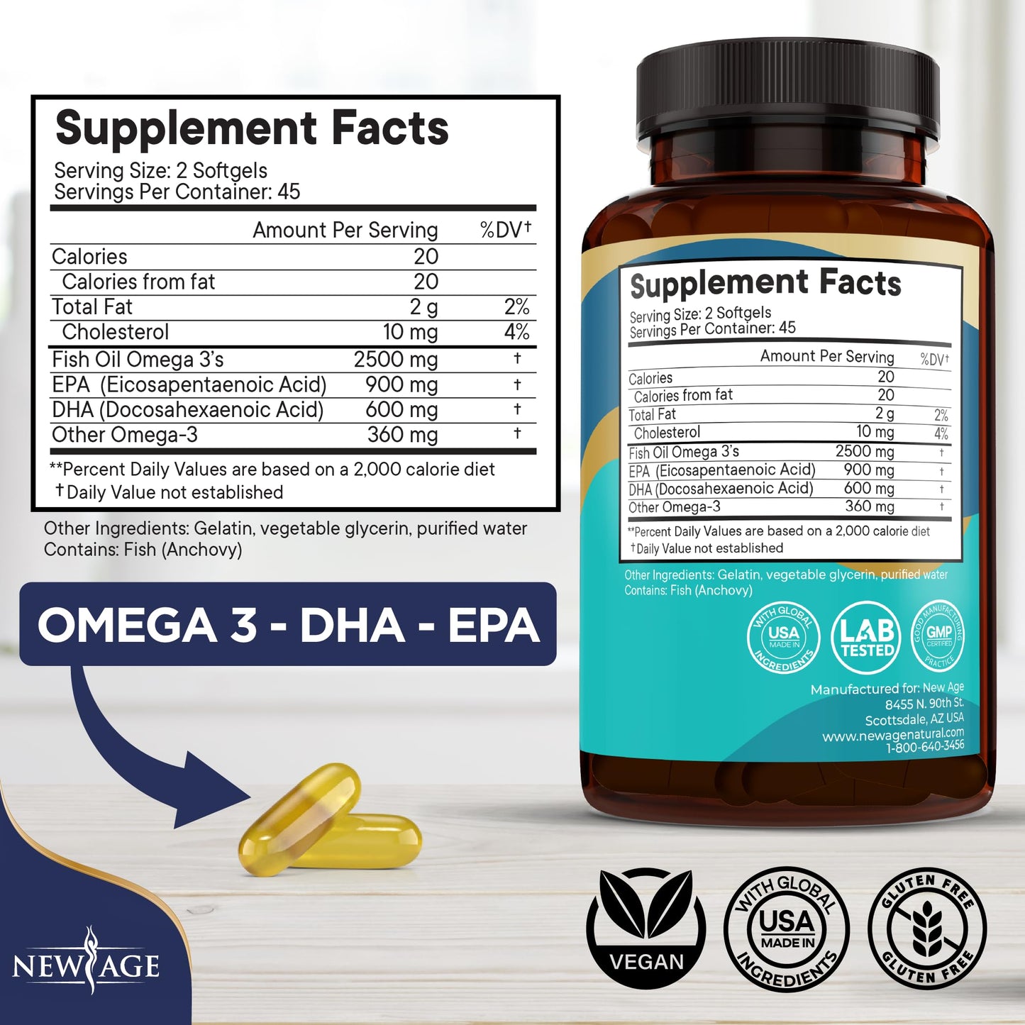 NEW AGE Omega 3 Fish Oil 2500mg Supplement Non GMO - EPA, DHA Fatty Acids Gluten Free (180 Softgels (Pack of 2)) NEW AGE buy supplements Au