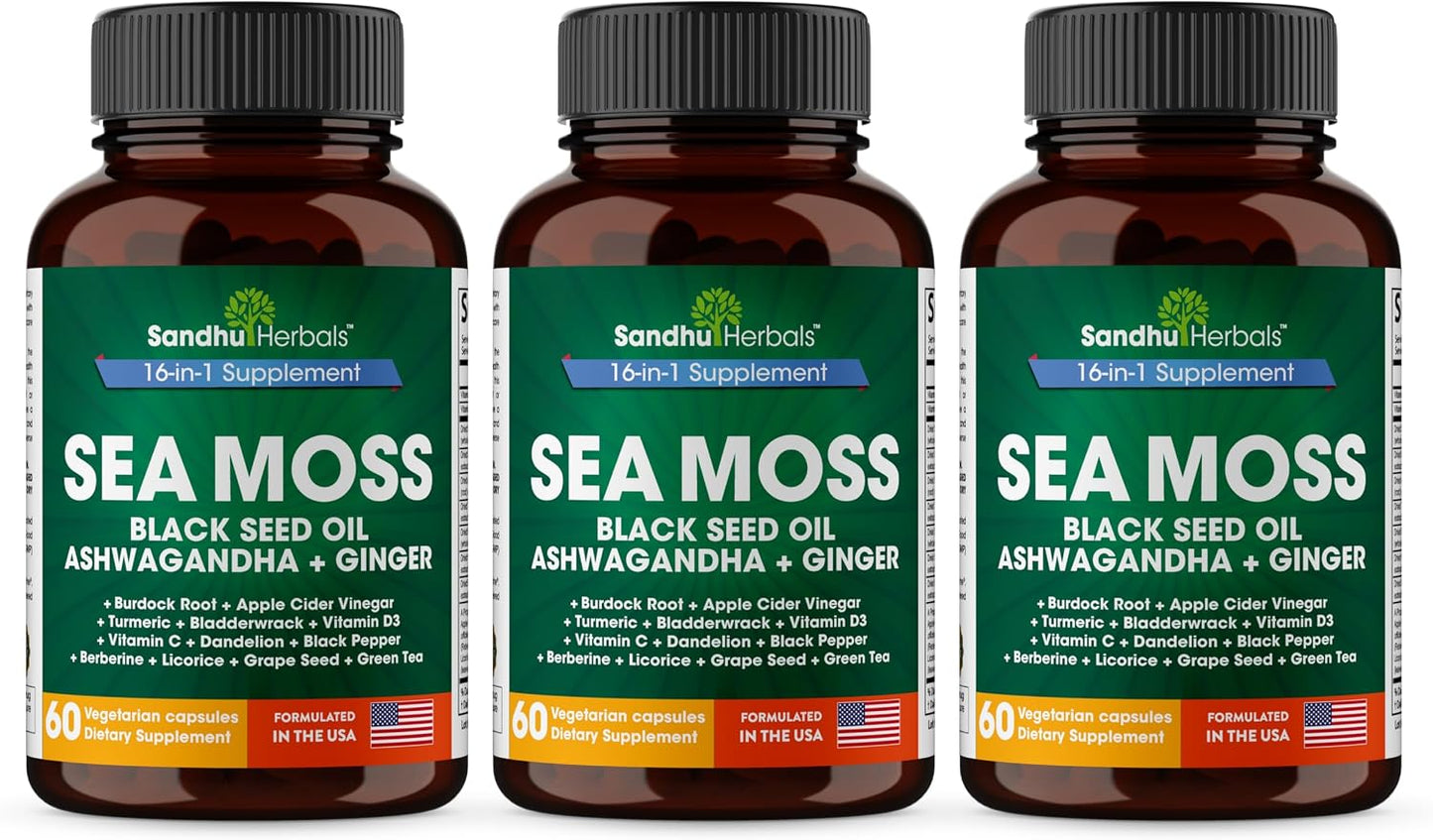 Sea Moss Black Seed Oil Ashwagandha Ginger Burdock Root, Turmeric,Black Pepper | 60 Capsules (Pack of 3)