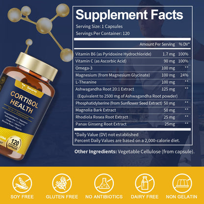 Totaria Cortisol Supplement with Ashwagandha,Magnesium,Rhodiola Rosea,L Theanine,Hormone Balance for Women 120 Vegan Capsules (Pack of 1)