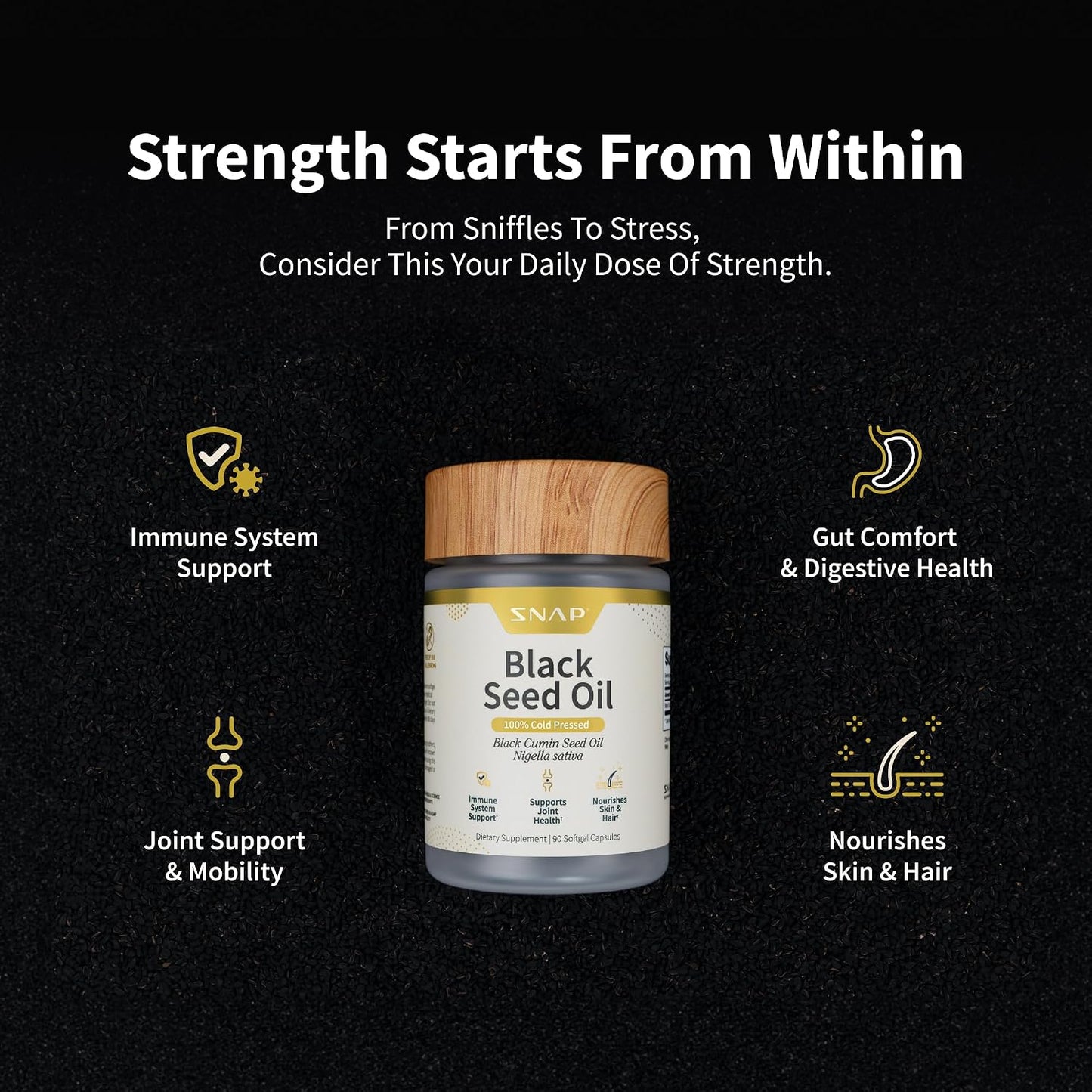 Snap Supplements Black Seed Oil for Immune Health, 90 Softgel Capsules | 100% Cold Pressed Black Cumin Seed Oil, Supports Immune Health, Detox, Skin, Hair, Joints & Overall Wellness