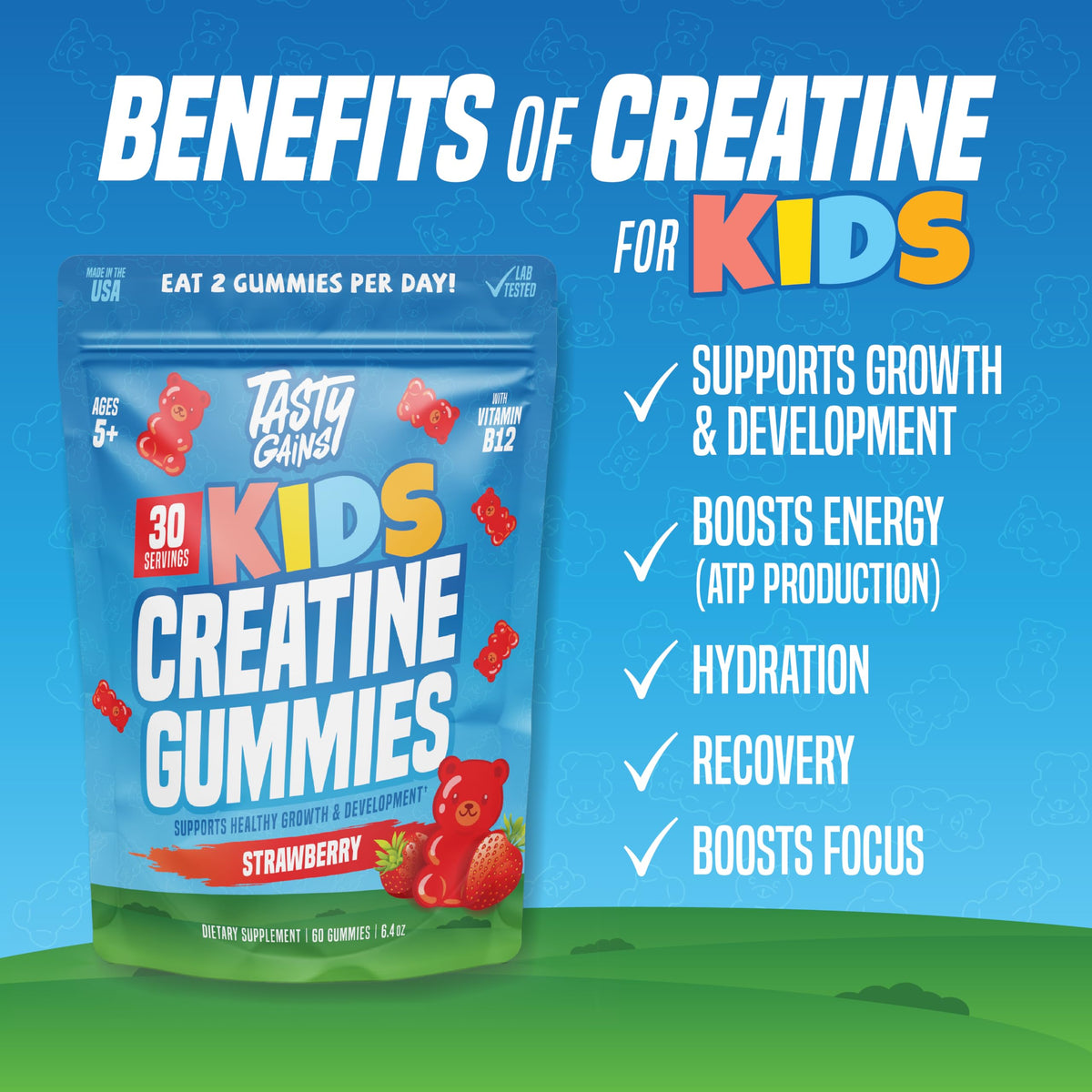 TASTY GAINS Kids & Teen Creatine Gummies with Vitamin B12 for Growth Support, Easy Chew Daily Supplement, Gummy Vitamins for Kids and Teens, Ages 5+ TASTY GAINS buy supplements Au