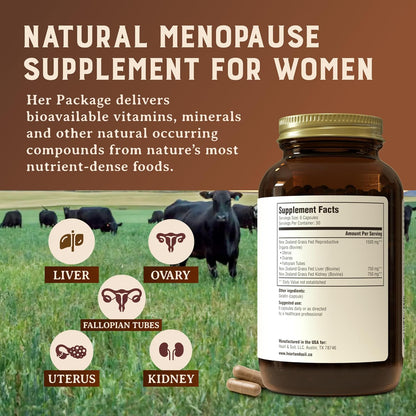 HEART & SOIL Her Package Supplement, 180 Capsules | 100% grass fed & finished ovary, uterus, liver & kidney. Helps maintain hormone balance & reproductive wellness.