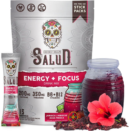 Salud 2-in-1 Energy + Focus Drink Mix, Hibiscus | Organic Caffeine, B6 + B12, Theanine, Clean Energy Packets, Agua Fresca Mix, Non-GMO, Gluten Free, 1g of Sugar (15 Servings)