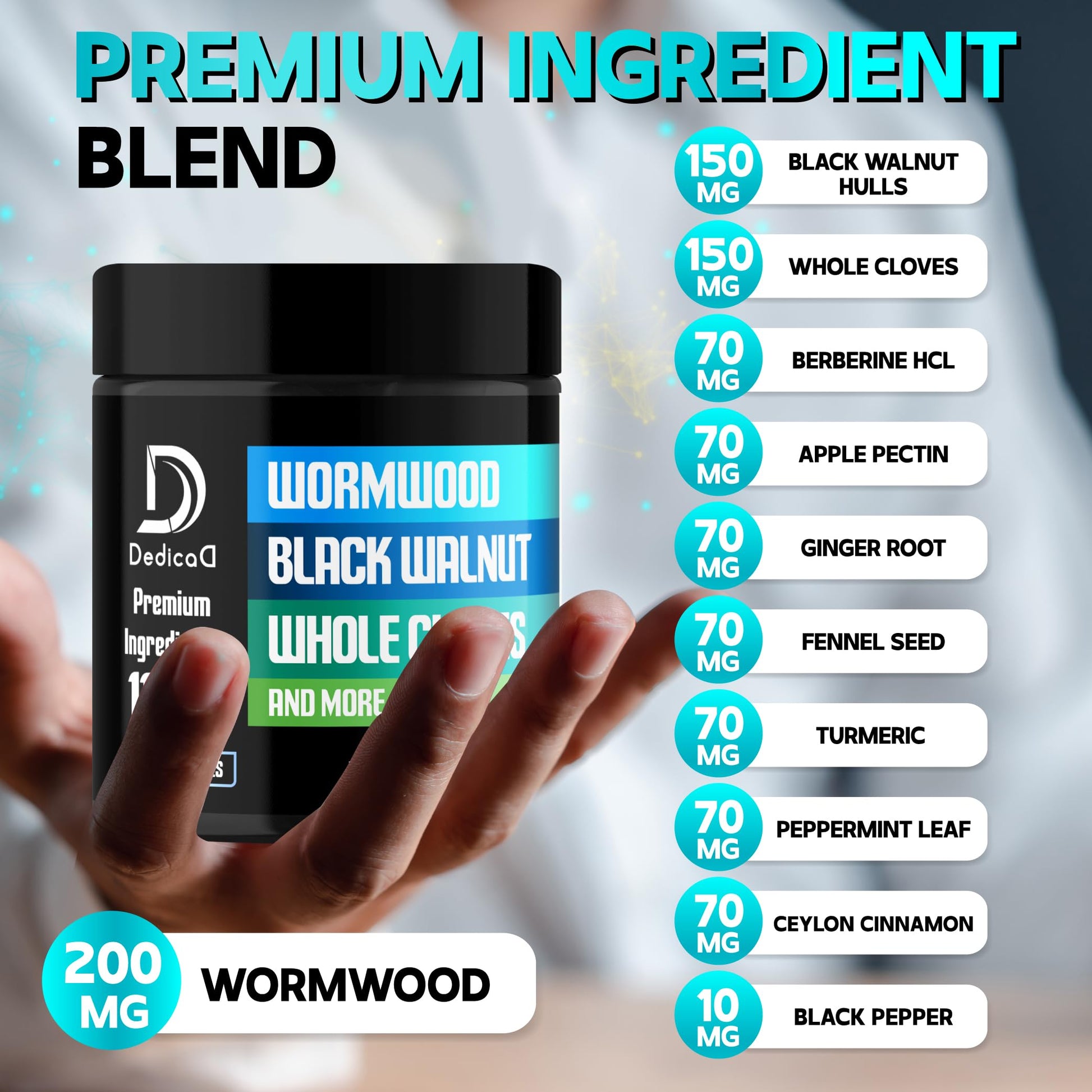 DEDICAD 11in1 Wormwood Capsules - 180 Capsules Extracted from Black Walnut, Cloves, Ginger, Turmeric, Apple, Berberine HCl & More - Support Immune System for 3 Months DEDICAD buy supplements Au