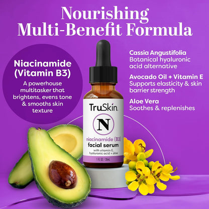 TruSkin Niacinamide Serum for Face with Hyaluronic Acid & Aloe, 1 fl oz | Pore-minimizing Vitamin B3 serum with Vitamin E helps balance uneven tone and support clearer, smoother-looking skin