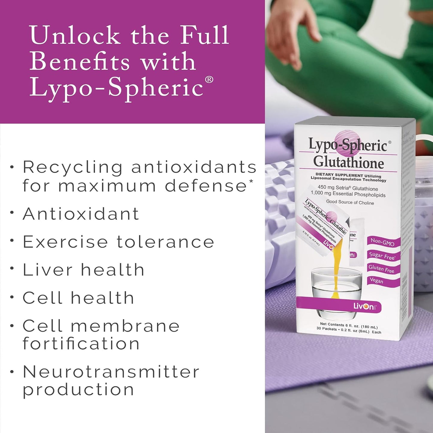 LivOn Laboratories Lypo-Spheric Glutathione - 30 Packets – 450 mg Glutathione Per Packet – Liposome Encapsulated for Maximum Bioavailability – Professionally Formulated – 100% Non-GMO