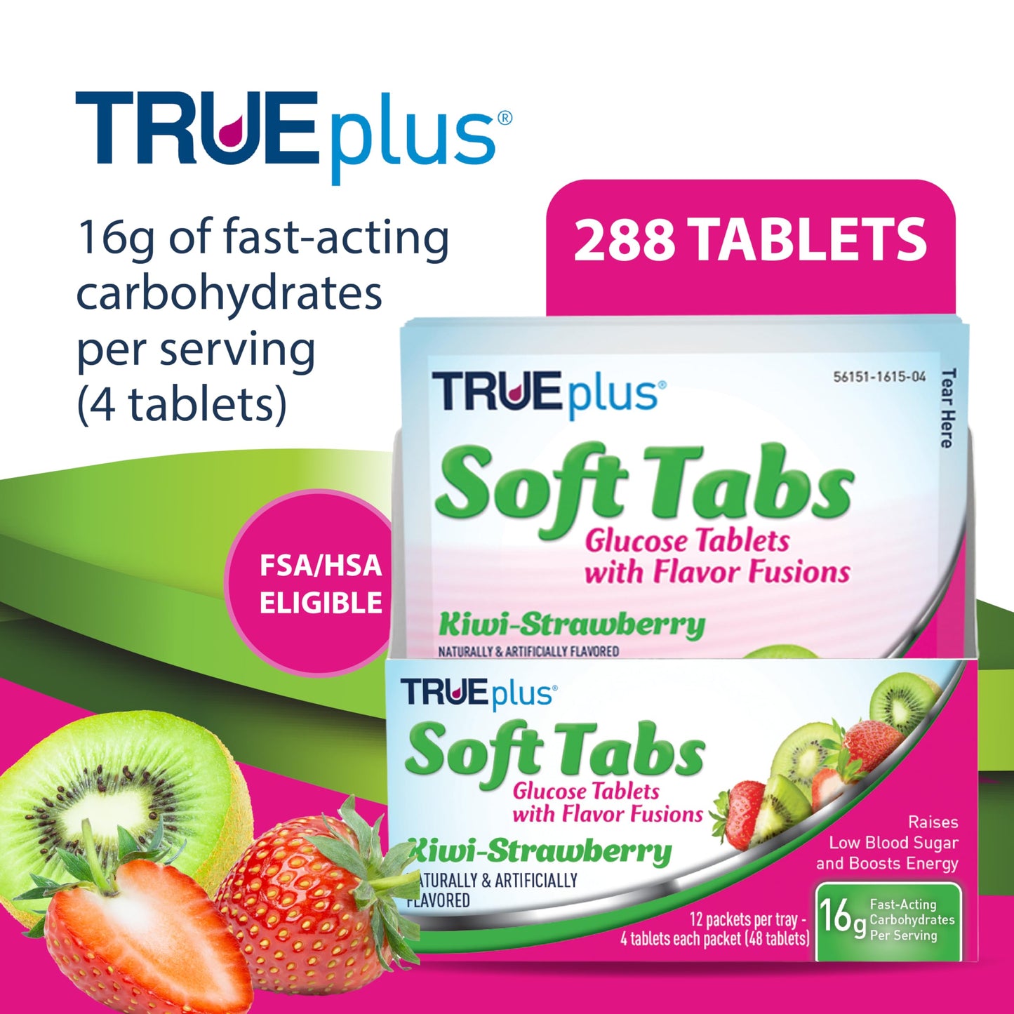 TRUEplus Soft Tabs Glucose Tablets, Cherry Pop Flavor, 4 Count, 12 Packs | Chewable Tablets, 16g Fast-Acting Carbohydrates, Fat Free, Gluten Free, Boosts Energy, Great Tasting and Easy to Use