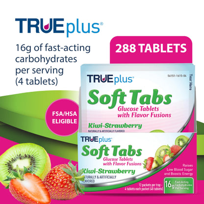 TRUEplus Soft Tabs Glucose Tablets, Cherry Pop Flavor, 4 Count, 12 Packs | Chewable Tablets, 16g Fast-Acting Carbohydrates, Fat Free, Gluten Free, Boosts Energy, Great Tasting and Easy to Use