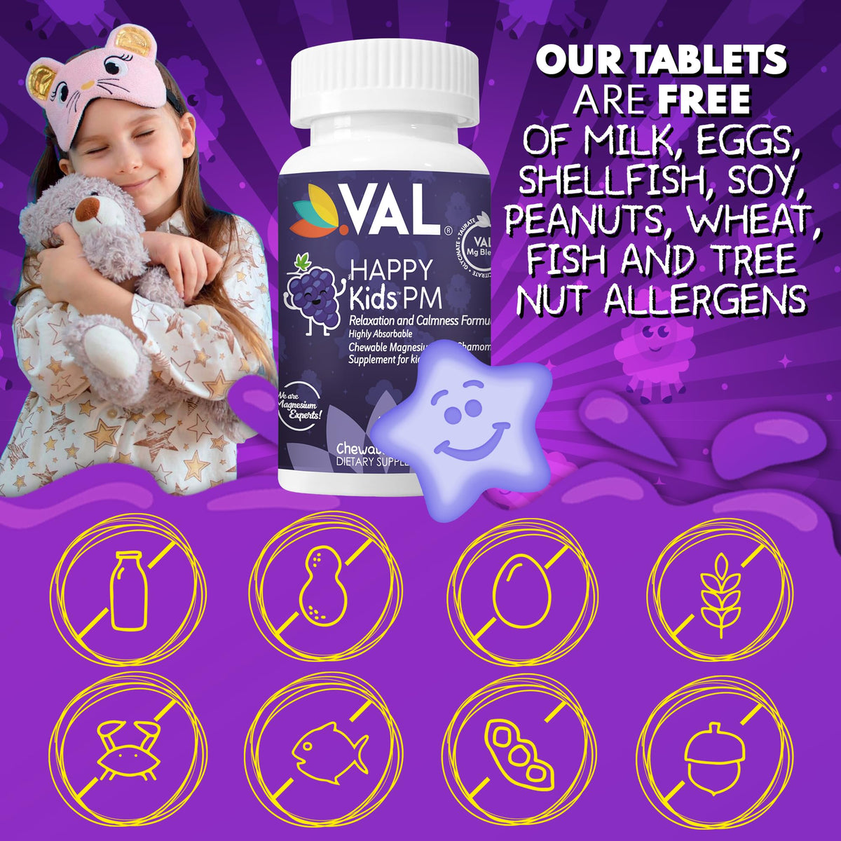 VAL Kids PM Magnesium Gummies | Sugar-Free Chewable Tablets with Chamomile, Magnesium Glycinate + Citrate + Taurate | Vitamin B6 & C | Natural Grape Flavor | Sleep & Calm Support | 60 Ct | Ages 4+ VALBuy Supplements Australia