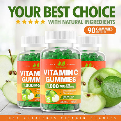 Vitamin C 1000mg Gummies for Adults & Kids, Maximum Strength (90 Count) | Chewable Immune & Collagen Support - Natural Green Apple Flavor - Gluten Free, Vegetarian, Non-GMO