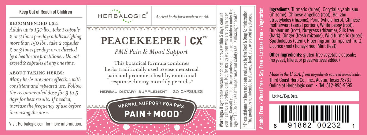 Herbalogic - Peacekeeper CX Herb Capsules - Reduces PMS Related Mood Swings - Reduces Cramps & Pain Associated with Monthly Periods - Contains Turmeric & Corydalis - 30 Cap Count HerbalogicBuy Supplements Australia