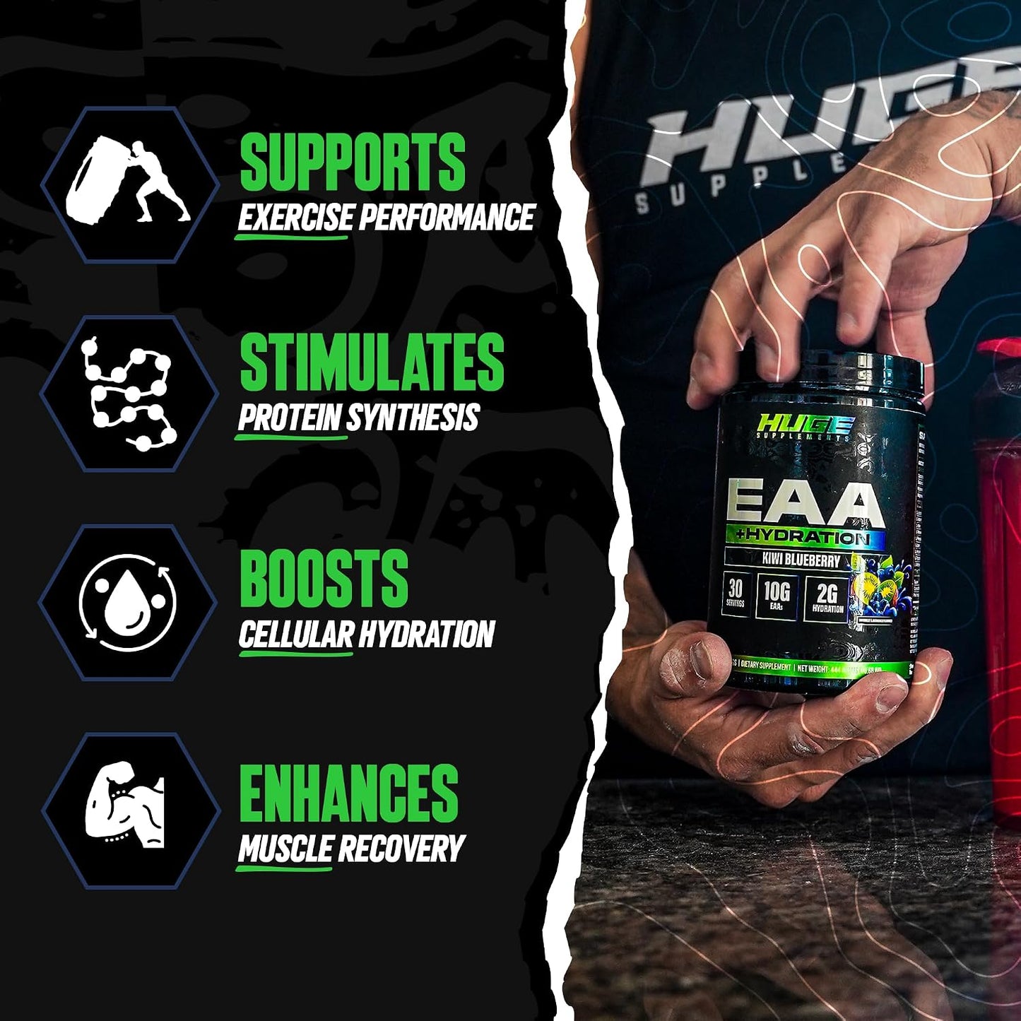 Huge EAA + Hydration, Essential Amino Acids Powder, EAAs & BCAAs, Intra & Post Workout Recovery Powder, Muscle Growth, Recovery & Performance, 10g EAAs & Electrolytes, Kiwi Blueberry, 30 Servings