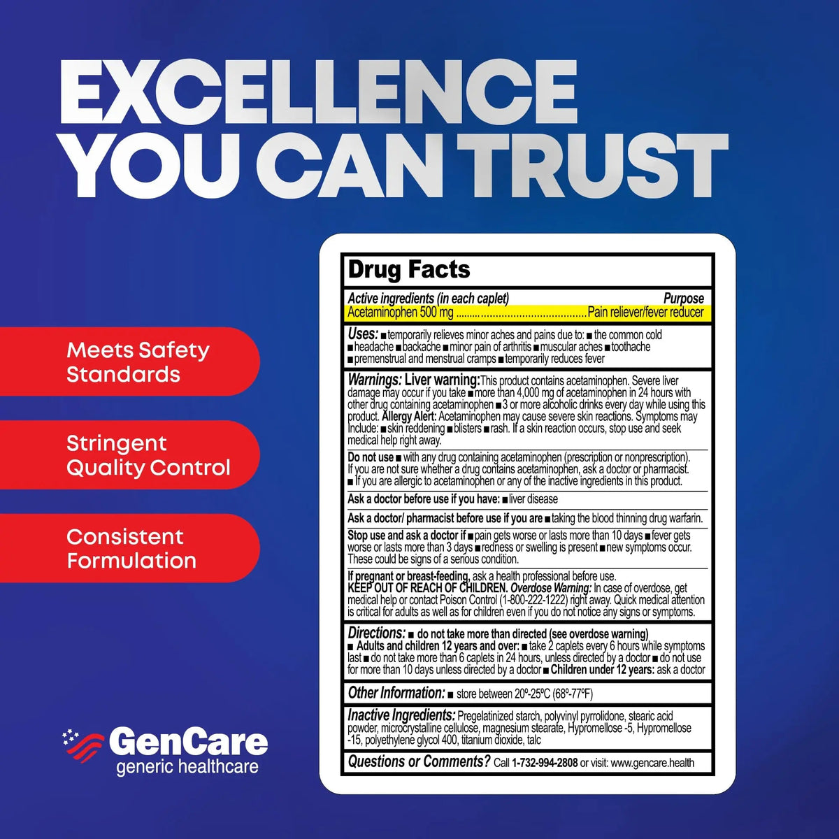 GenCare - Acetaminophen 500mg Extra Strength Pain Relief (300 Caplets) - Multi Symptom Pain Reliever for Headache, Sinus, Arthritis, Back Pain Muscle Ache, Toothache, Fever Reducer, Migraine GenCareBuy Supplements Australia