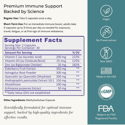 Immune Support Supplement with Vitamin C and Zinc, Sambucus Elderberry, Vitamin D3, Glutathione, Echinacea Capsules - Natural Immune Booster Herbal Supplements - Vegan, Gluten-Free (60ct)