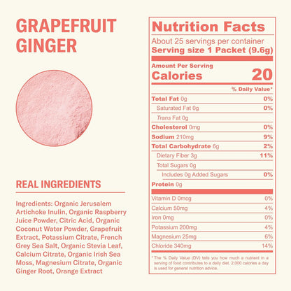 Ballerina Farm Farmer Hydrate Grapefruit Ginger Electrolyte Powder Packets | Travel Ready, Coconut Water, Irish Sea Moss, French Sea Salt, 210mg Sodium, 25 Count