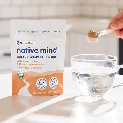 NativePath Native Mind Organic Adaptogen Herbal Support Blend - Organic Mushroom Drink Powder with Lion's Mane, Rhodiola & Rose Hips - 30 Servings | Rhodiola & Rose Hips In Peppermint, Supports Focus, Calm & Immune Health, Caffeine-Free, Organic, Keto