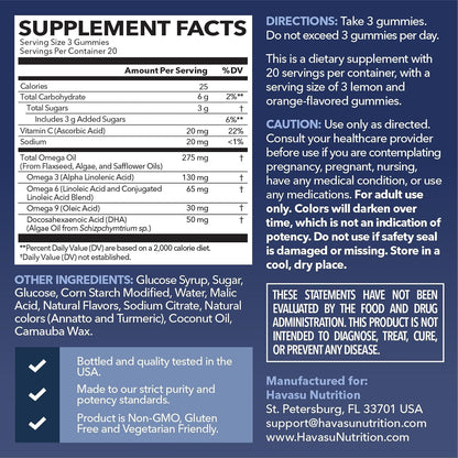 Omega 3 6 9 Gummies with DHA, Plant-Based Omega 3 Gummies for Adults, 60ct | Omega 3 6 9 + DHA Gummies, Fish Oil Alternative for Adults with DHA from Algae, Lemon and Orange Flavors, 20 Servings