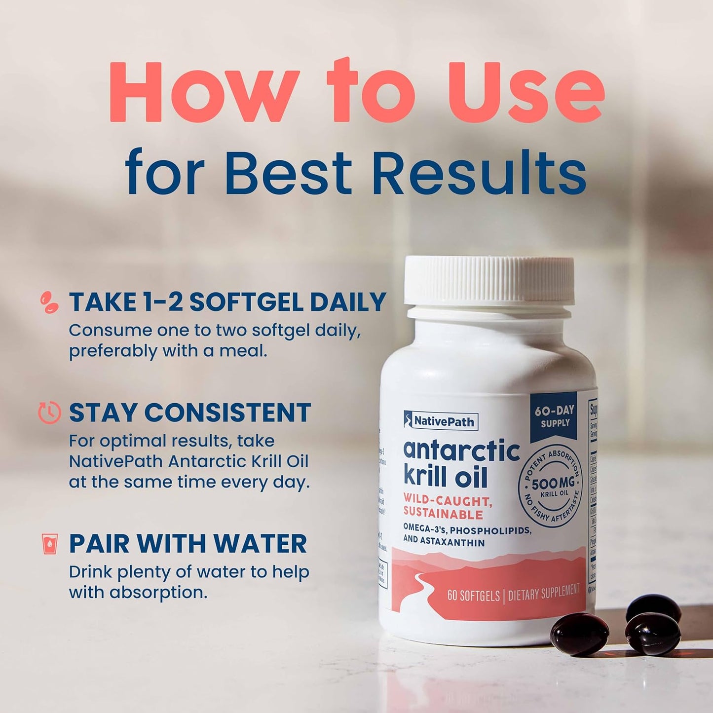 NativePath Antarctic Krill Oil 500mg, Omega-3, 60 Softgels | Wild-Caught, Astaxanthin, EPA & DHA Phospholipid-Bound, Supports Circulatory, Brain & Joint Health