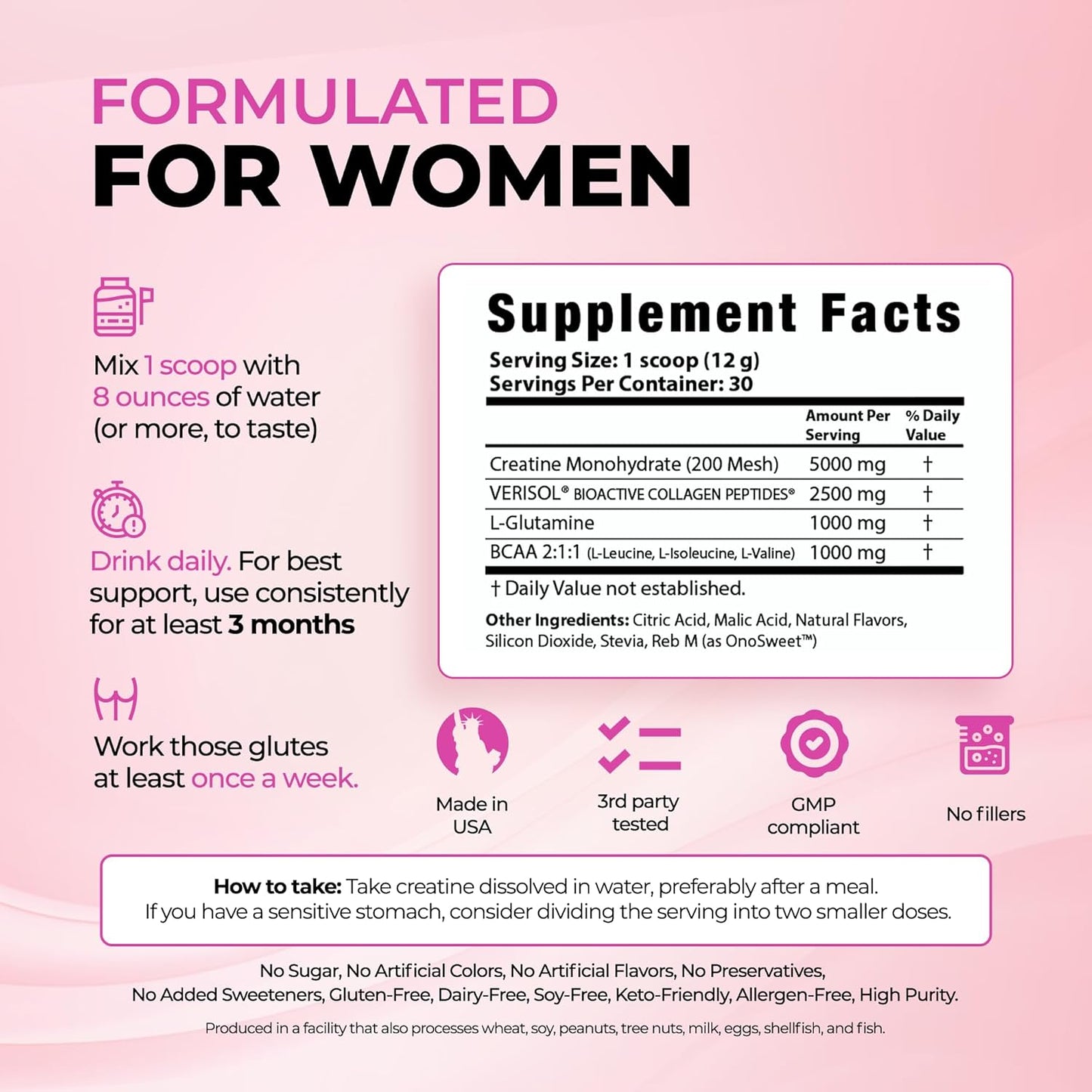 Bold Buns Creatine for Women – Supplement with Collagen & BCAA – Supports Muscle Development, Post-Workout Recovery, Skin Elasticity, Healthy Hair & Nail (30 Servings, Unflavored)