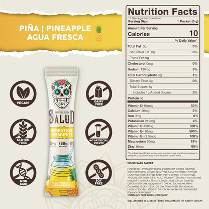Salud 2-Pack | 2-in-1 Hydration + Immunity (Pineapple) & Hydration + Immunity (Strawberry) – 15 Servings Each, Agua Fresca Drink Mix, Non-GMO, Gluten Free, Vegan, Low Calorie, 1g of Sugar