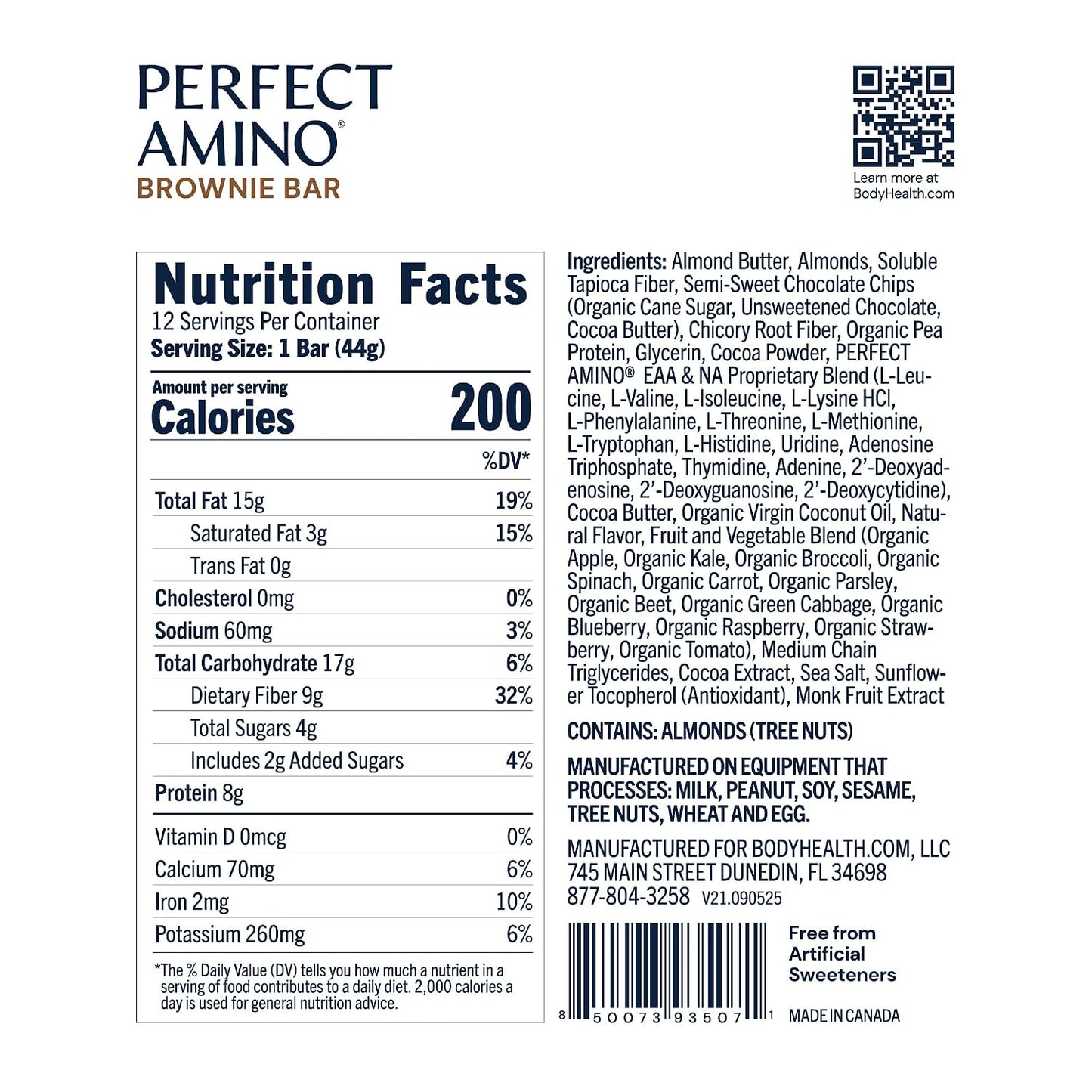 BodyHealth PerfectAmino Bar – Protein Energy Snack with 8g Protein, Plant-Based MCTs, Superfood Blend, Non-GMO, Gluten, Dairy & Soy Free (Brownie, 12 Pack)