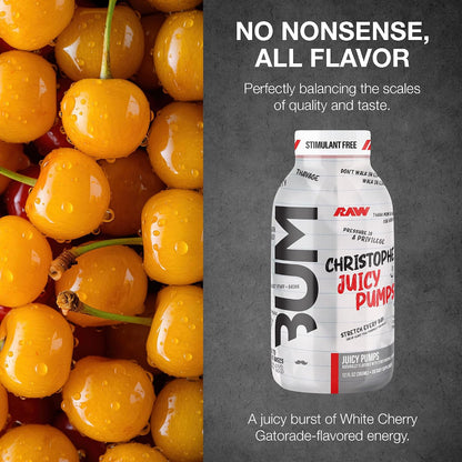 RAW Ready to Drink Pre-Workout Drink, Juicy Pumps (White Cherry) - Bum Pump RTD Zero-Sugar Energy Supplement Drink - Caffeine-Free & Sugar-Free Energy Drinks with L-Citrulline, 12 Fl Oz