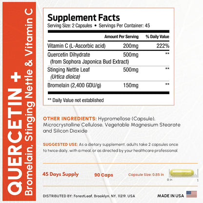 ForestLeaf Quercetin with Bromelain 1350mg - Blend with Vitamin C & Stinging Nettle Supplement, Quercetin 500mg Capsules, Non-GMO Gluten Free, Natural Function, 90 Veggie Caps