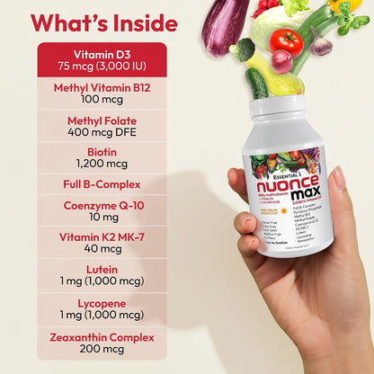 ANDREW LESSMAN Essential-1 nuonce max Multivitamin 3000 IU Vitamin D3 60 Small Capsules. 100 mcg Methyl B12. CoQ10 Lutein Lycopene Zeaxanthin. High Potency. No Additives. Ultra-Mild One Daily Capsule | Complete Daily Multivitamin & Mineral Formula with Es