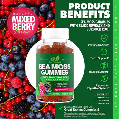 Sea Moss 3000mg Gummies with Bladderwrack and Burdock Root for Men & Women | Natural Irish Sea Moss Superfood for Immune, Thyroid and Detox Support - Extra Strength, Berry Flavor, Gluten-Free, Vegan