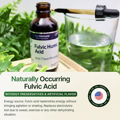 Fulvic Humic Acid 75 + Ionic Trace Minerals - Plant Derived in USA - Fulvic Acid Minerals Liquid Concentrate for Energy, Gut Health and Hydration- 500 mg of Fulvic Humic Acid per Serving - 2 oz.